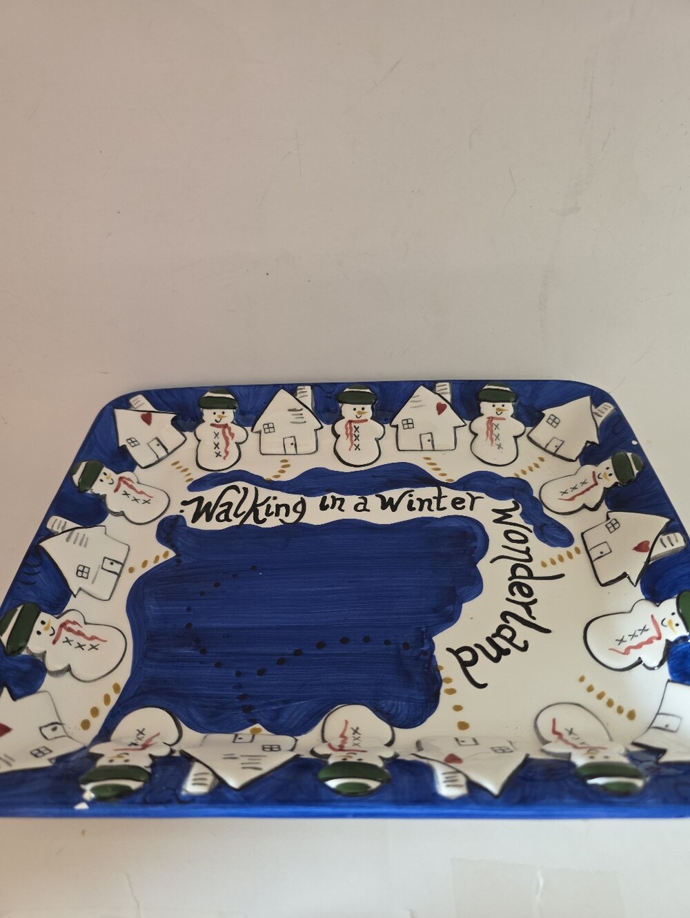 Bath & Body Works 1997 Blue Ceramic WALKING IN A WINTER WONDERLAND Snowman TRAY